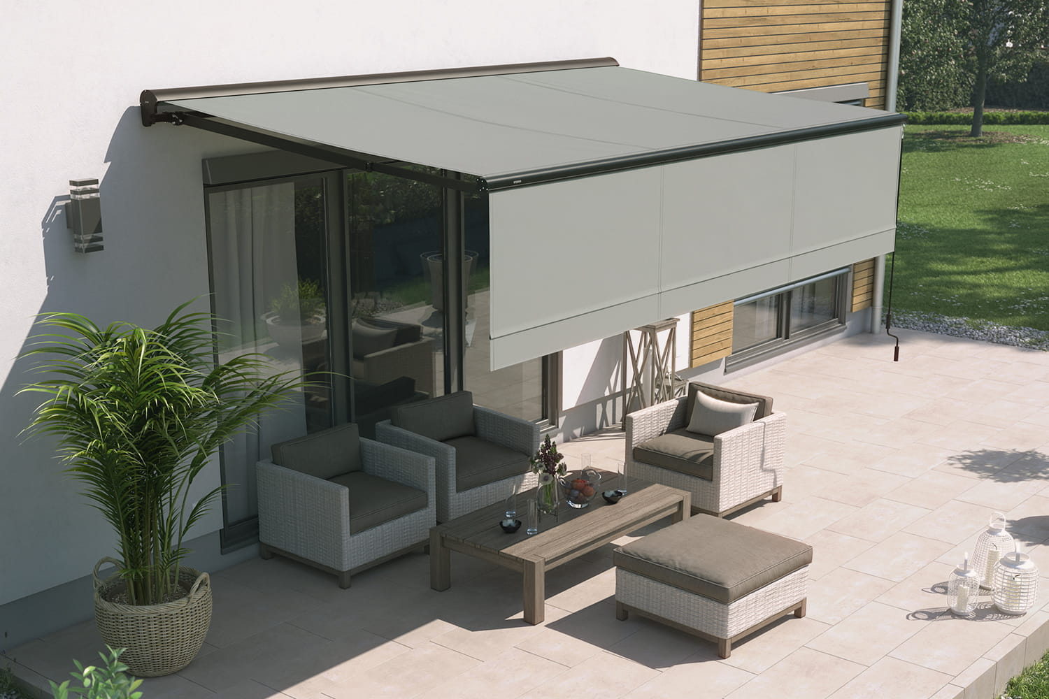 Kassettenmarkise "EXPERT", Elektrische Steuerung mit manuellem Volant