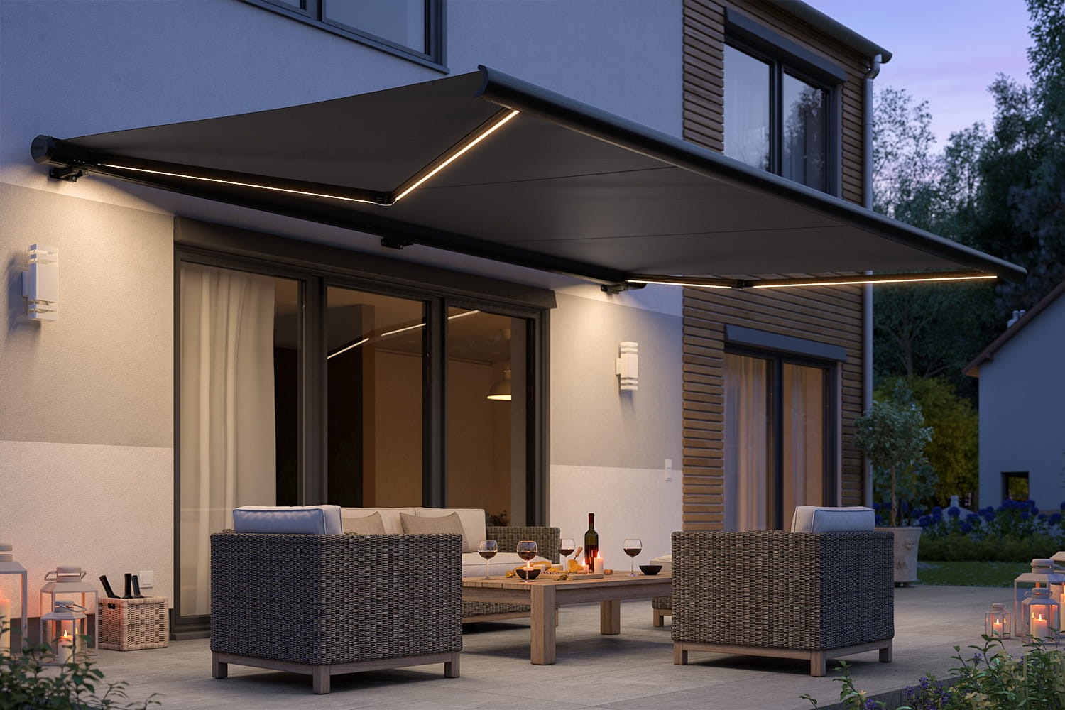 Vollkassettenmarkise "PROFI" mit LED-Beleuchtung, Elektrische Steuerung inkl. Fernbedienung