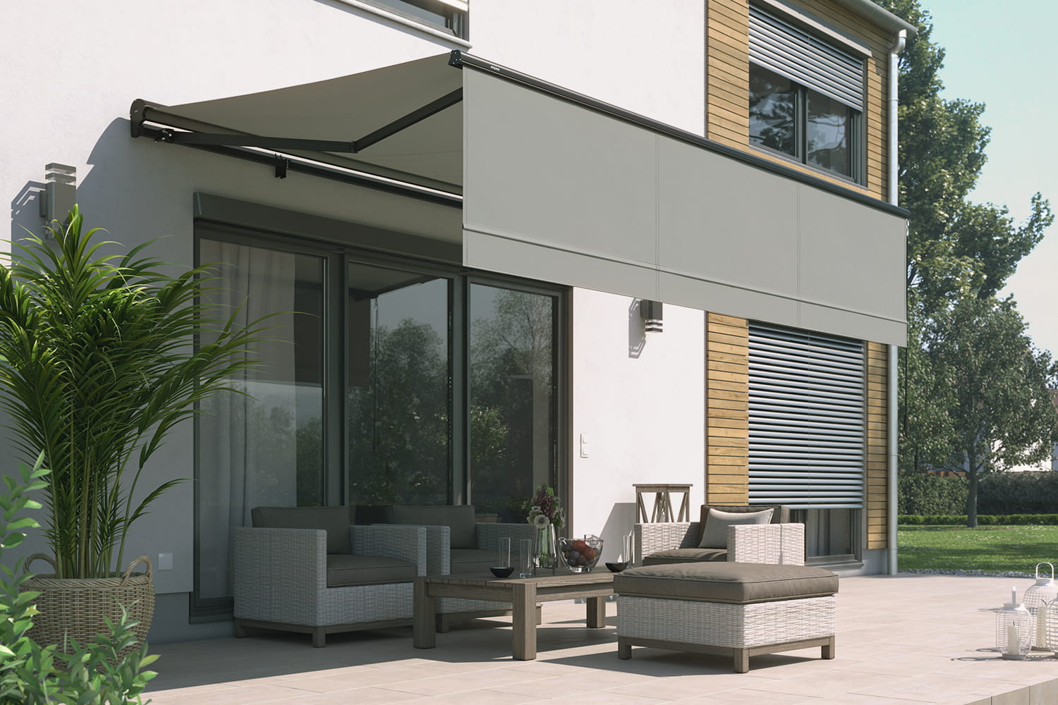 Kassettenmarkise "EXPERT", Elektrische Steuerung mit manuellem Volant