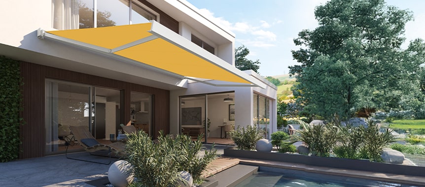 Gelbe Markise mit weißem Rahmen